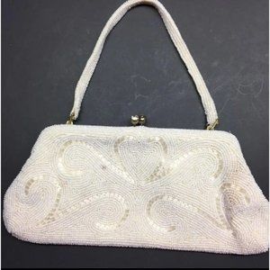 White Vintage Purse As Is Beaded Swirl Rhinestone Kiss Snap Closure Strap Retro